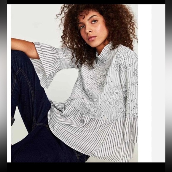 Zara Woman Striped Lace Floral Sheer Layer Size medium blouse top black white - Picture 2 of 8